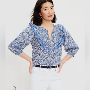 Ann Taylor Loft Ruffled Floral Blouse Brilliant Blue Cottage Core Size Medium